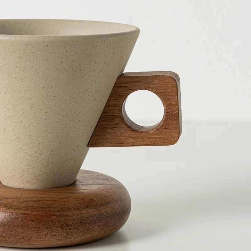 JUSTINLAU Retro Ceramic Coffee CupSolid Wood Saucer Set Coffee Mug with Solid Wood Handle Exquisite Home Coffee CupsSaucers C251210