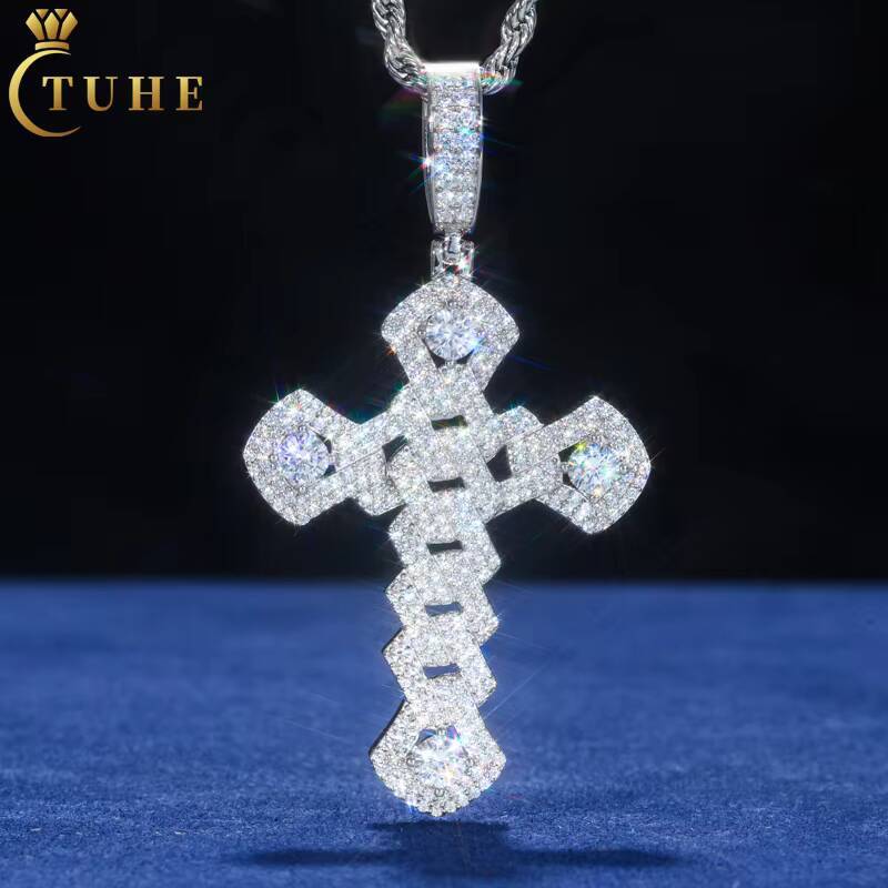 Trend Exquisite Iced Out Hip Hop Jewelry 925 Sterling Silver Bling VVS Moissanite Cuban Cross Charm Pendant