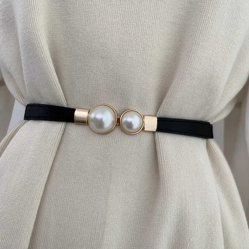 Luxury Elegant Double Pearls Buckle Elastic Women Belts Thin Straps Lady Girl Dress Skirt Decor Waistbands Trouser Decoration GM113 Y251210