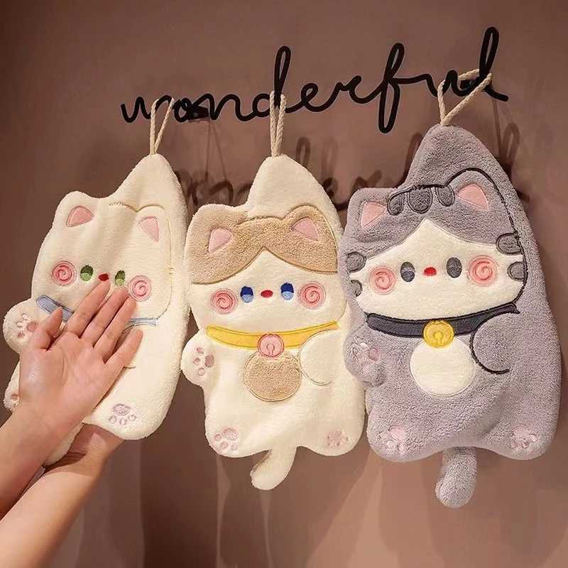 Cute Cat Hand Towel Quick Dry Kitchen Cleaning Wipes Coral Velvet Cartoon Absorbent Hanging Towel Bathroom Accessories C251210