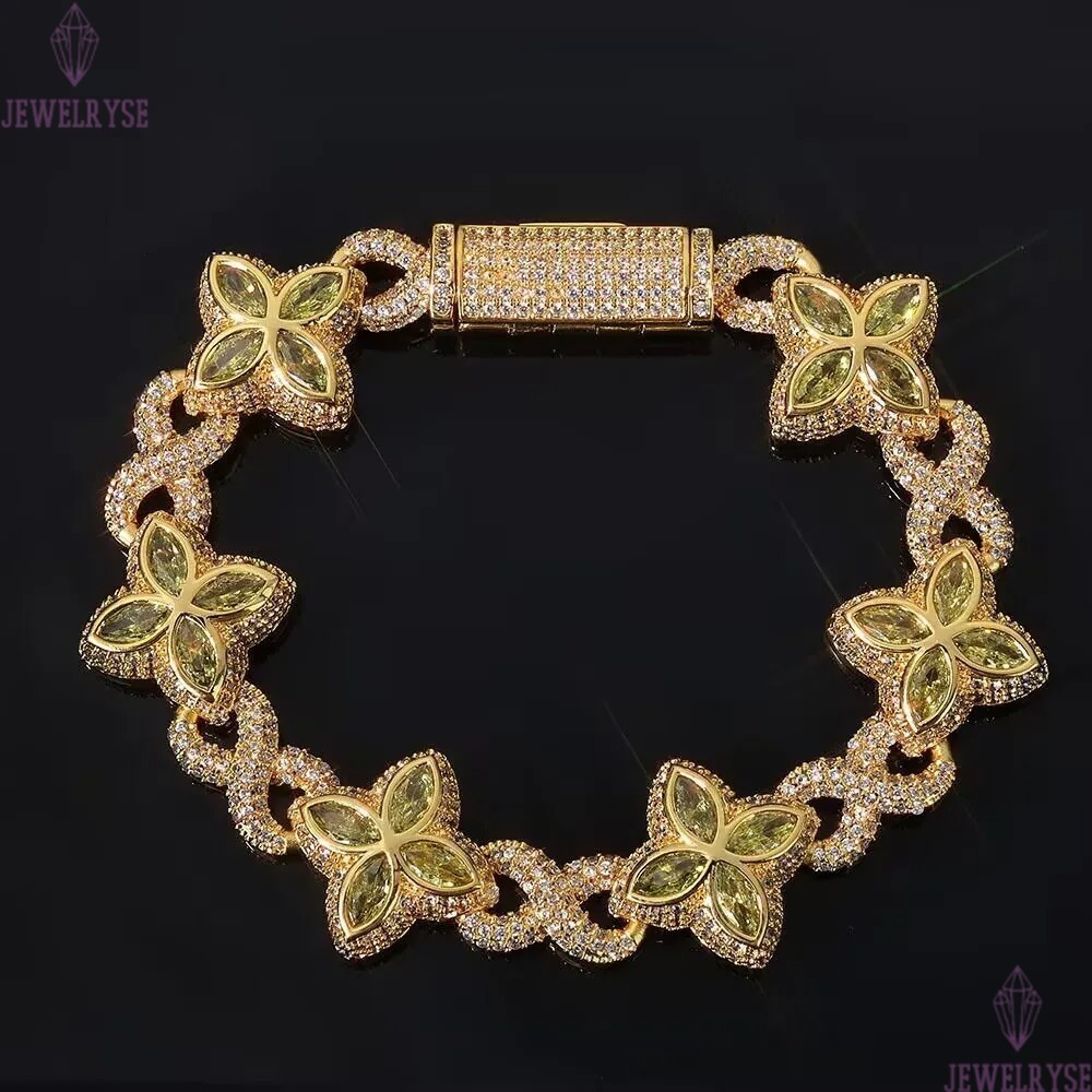 Eskeem Hip Hop Bracelet New Design Infinite Miami Cuban Link Chain Four Leaf Clover Iced Out Diamond Flower Cross for Women Men