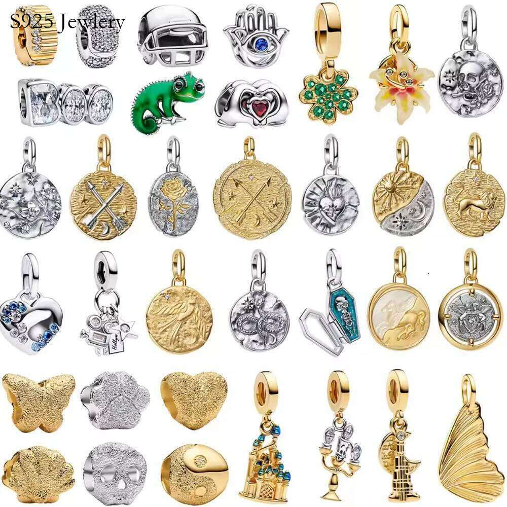 2015 New Sterling Silver Golden Round Charms Horse Lion Castle Beads Earrings Rings Bracelets Necklaces Womens DIY Jewelry Gift