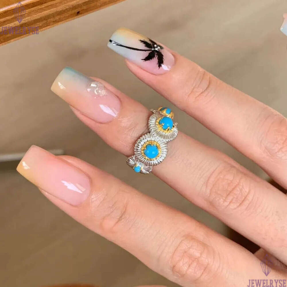 2025 summer new luxury blue turquoise daisy designer ring for women silver italy retro vintage charm elegant OL rings jewelry