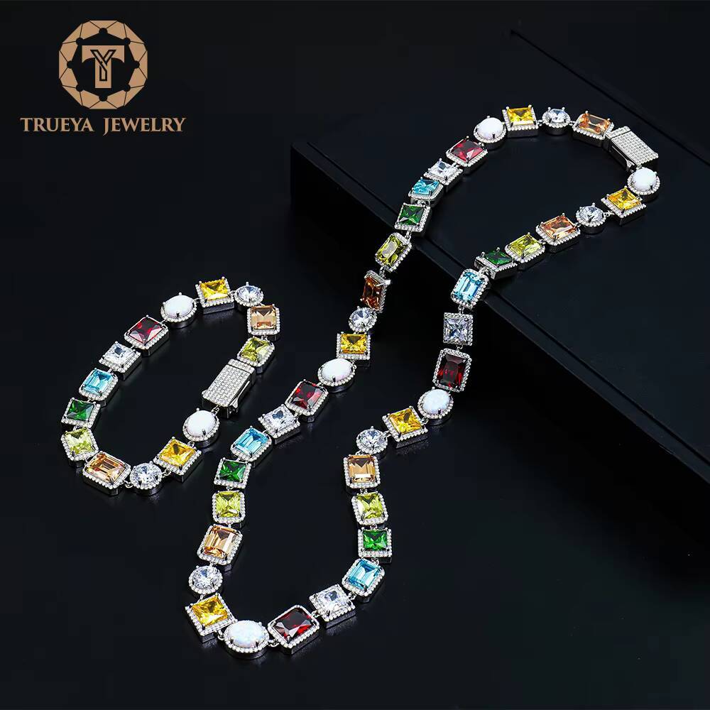 Gorgeous Retro Jewelry Baroque Color Large Particle Zircon Gemstone Stitching 925 Sterling Silver Chain Necklace and Bracelet