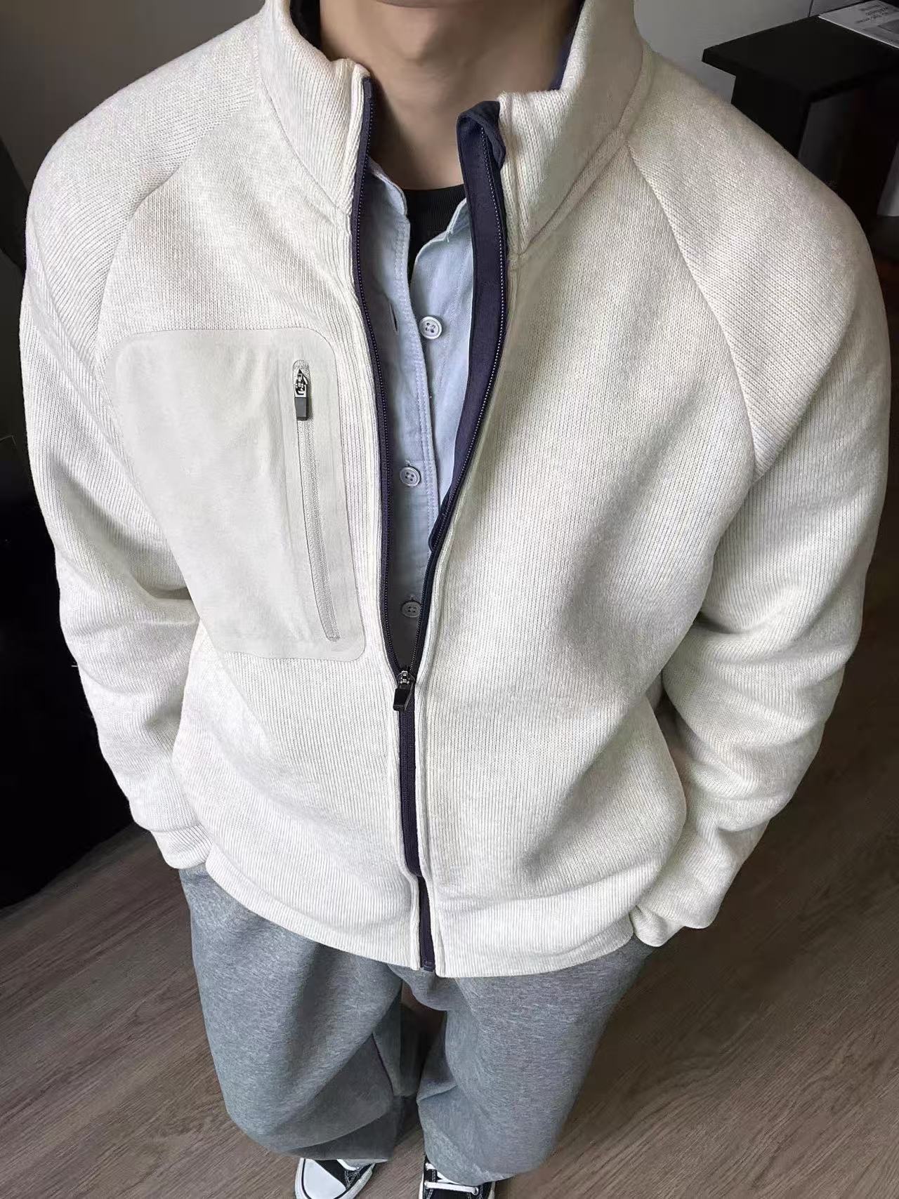 Men's knitted fleece zipper jacket for autumn and winter casual stand-up collar jacket