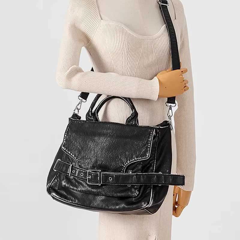 Korean Belt Buckle Crossbody Shoder BagSoft Leather Solid Color Tote BagLarge Capacity Motorcycle Biker Style Handbag Y251209