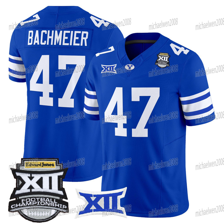 BYU Cougars 2025 Big 12 Championship Football Jersey Bear Bachmeier LJ Martin Chase Roberts Sione Moa Ty Detmer Steve Young Custom