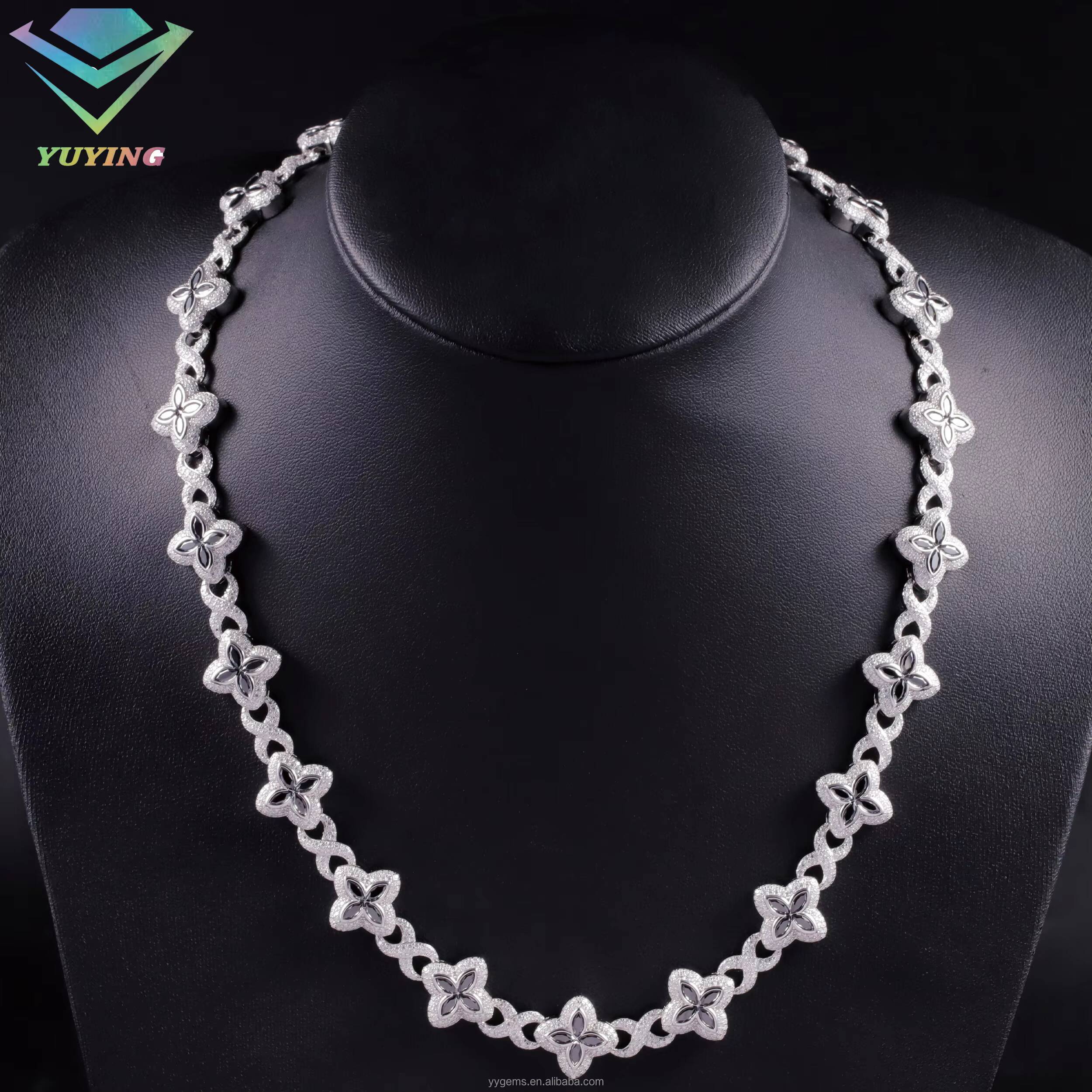 Fashion Hip Hop Jewelry Gold Plated 925 Sterling Silver Colored Moissanite Diamond Four Leaf Clover Necklace Cuban Link Chain