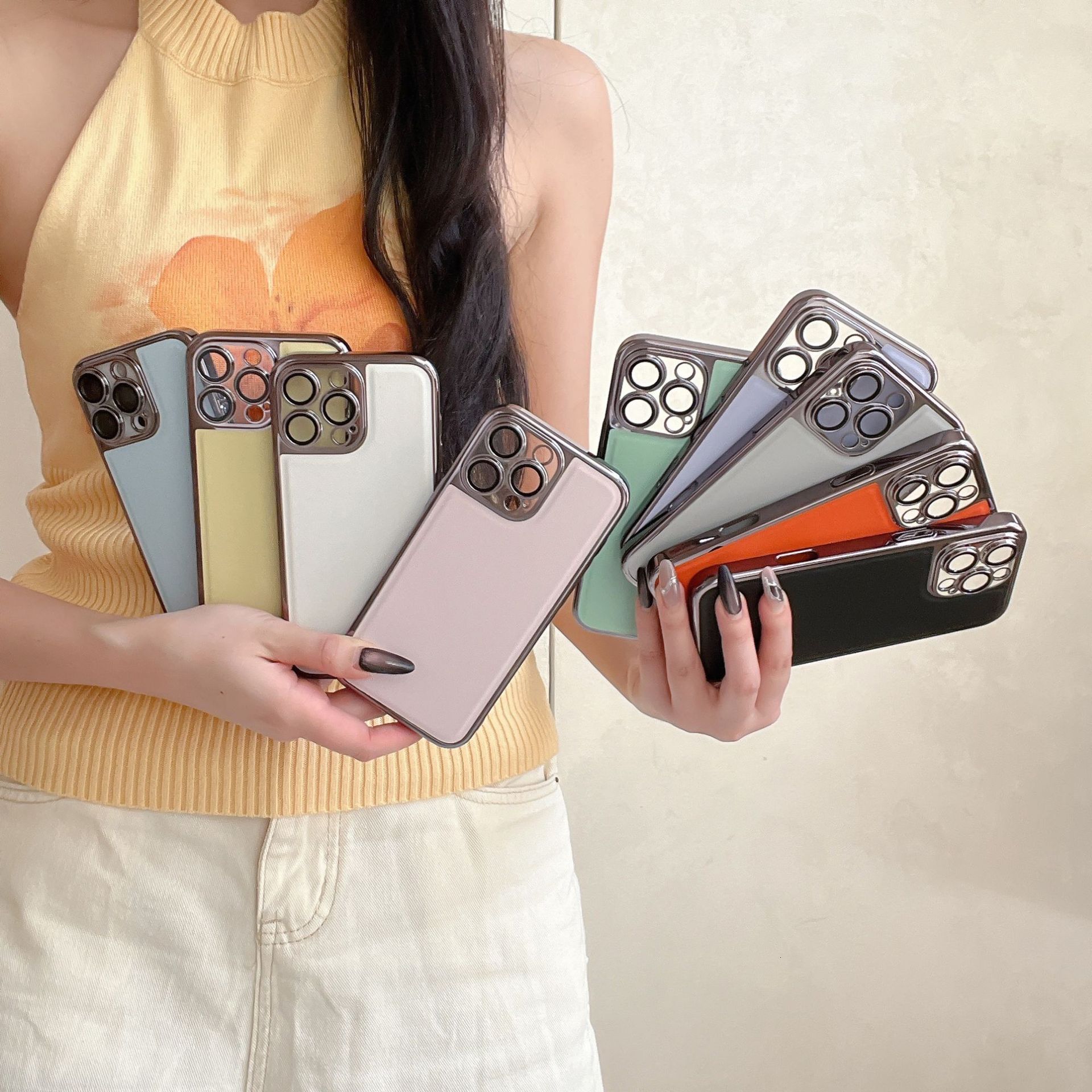 Korean Style Electroplated Lychee Texture Compatible with iPhone 17 Apple 16 Max Phone Case Faux Leather 15 Pro Solid Color