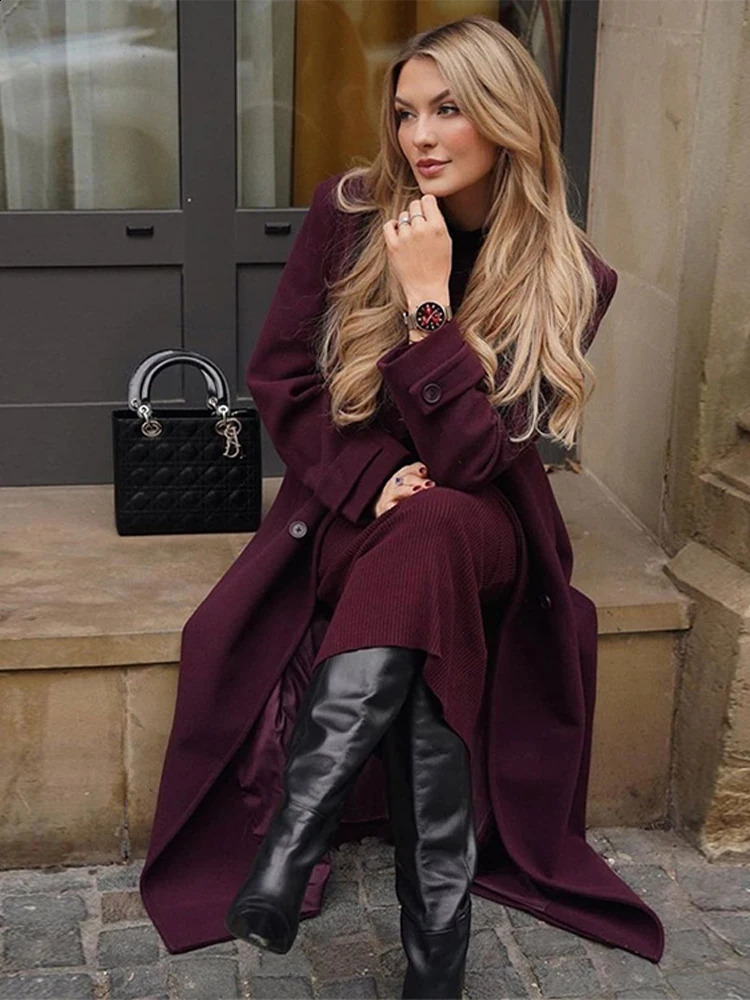 Woolen Double Breasted Trench Coat With Belt Dark Red Fashion Classic British Blend Windbreaker Overcoat Winter Womens Outwear 251209