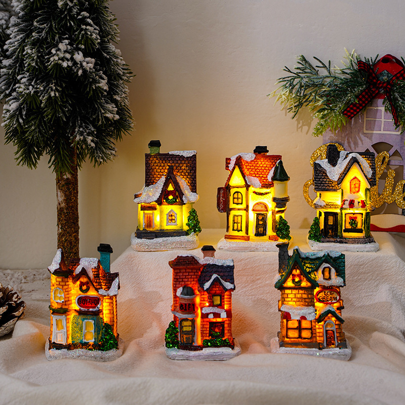 Christmas Decorations Village House LED Luminous Tiny Houses Building Set Desktop Ornaments Kids Gift Home Holiday Decor(12 Pcs) 201127