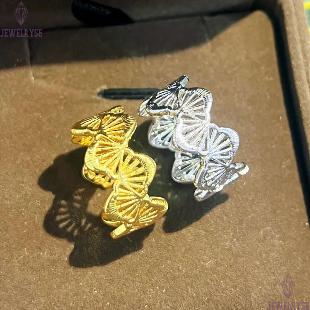2025 summer new luxury france vintage leaf designer ring for women hollow charm elegant clover leaves nail rings jewelry