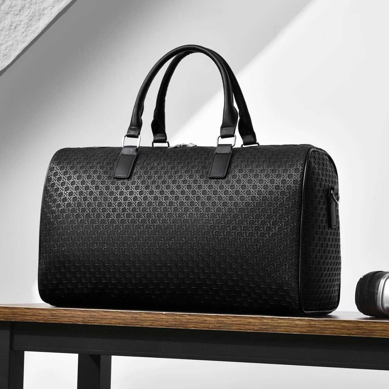 Fi Black PU Leather Travel Duffle Bag Mens Large Capacity Business Travel Lage Bag Minimalist Waterproof Weekender Bag Y251209