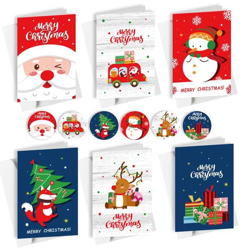 12pcs Merry Christmas Greeting Cards with Envelopes Stickers Folding Type Cartoon Print Gift Cards Christmas Decoration Supplies H251210