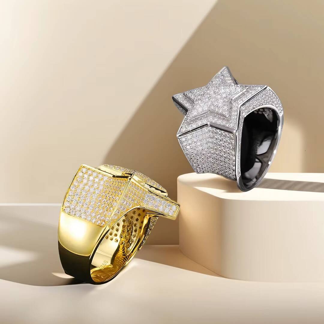 Best Selling Luxury Jewelry S925 Silver Set Moissanite 18K Gold Plated Ice Out Five-Pointed Star Hip-Hop Ring