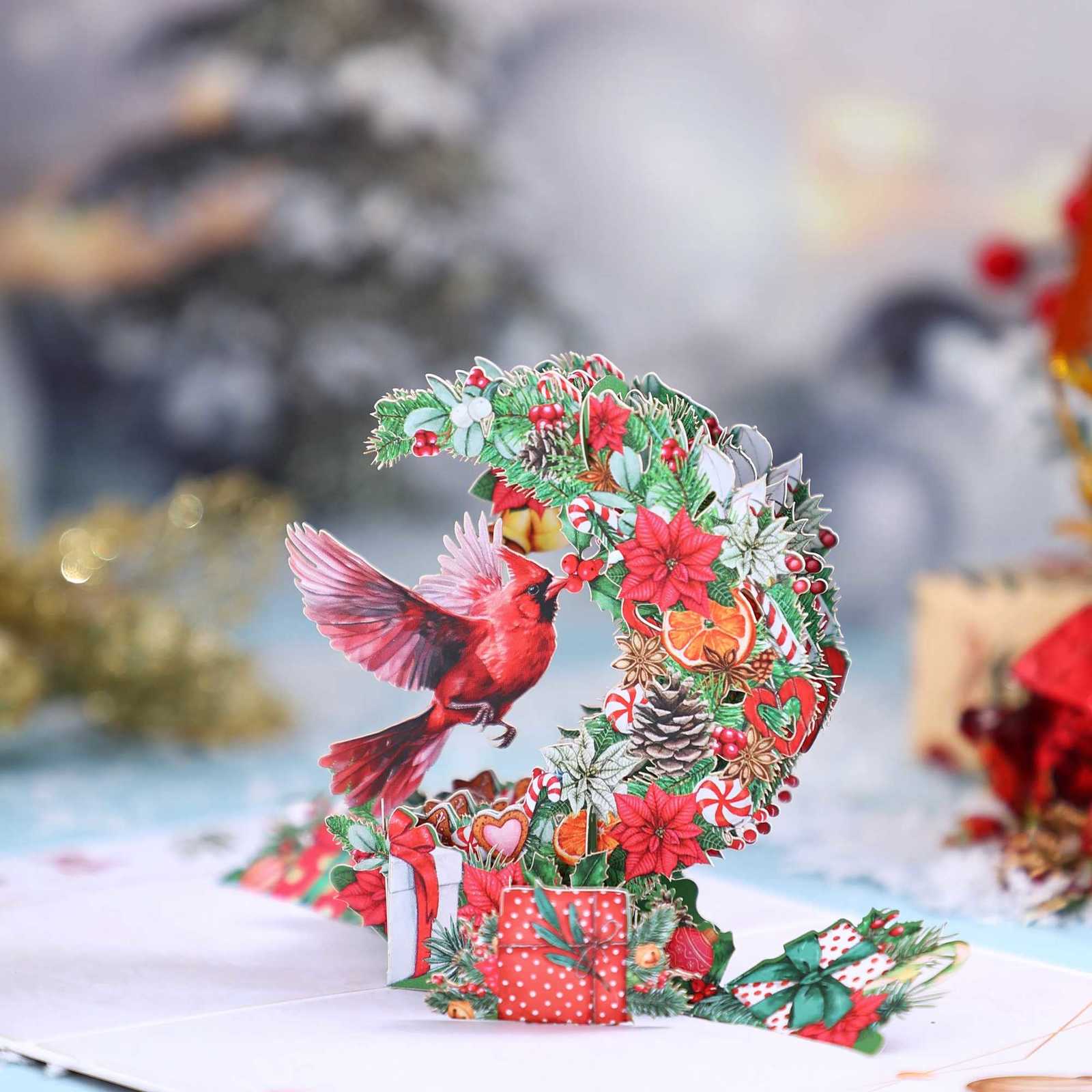 1pc Merry Christmas -Up Card Christmas Tree Woodland Reindeer Cardinal Poinsettia Greeting Card with Note Card and Envelop H251210