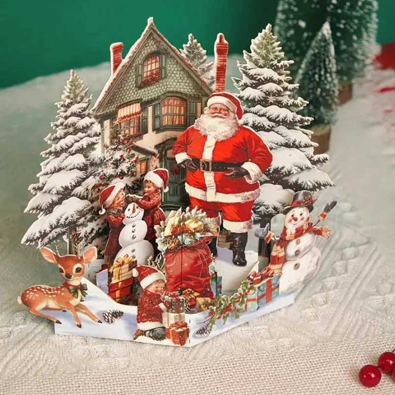 3D Christmas Card Night Before Christmas Scene With Santa Reindeer Snowy Village Moonlit Sky Festive Holiday Greeting Card F H251210
