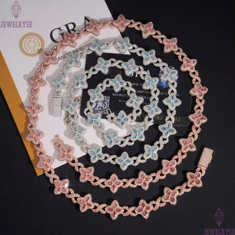 15mm Iced Out Hip Hop Jewelry Bracelet 925 Solid Silver Marquise Diamond VVS D Moissanite Cuban Link Chain Clover Necklace