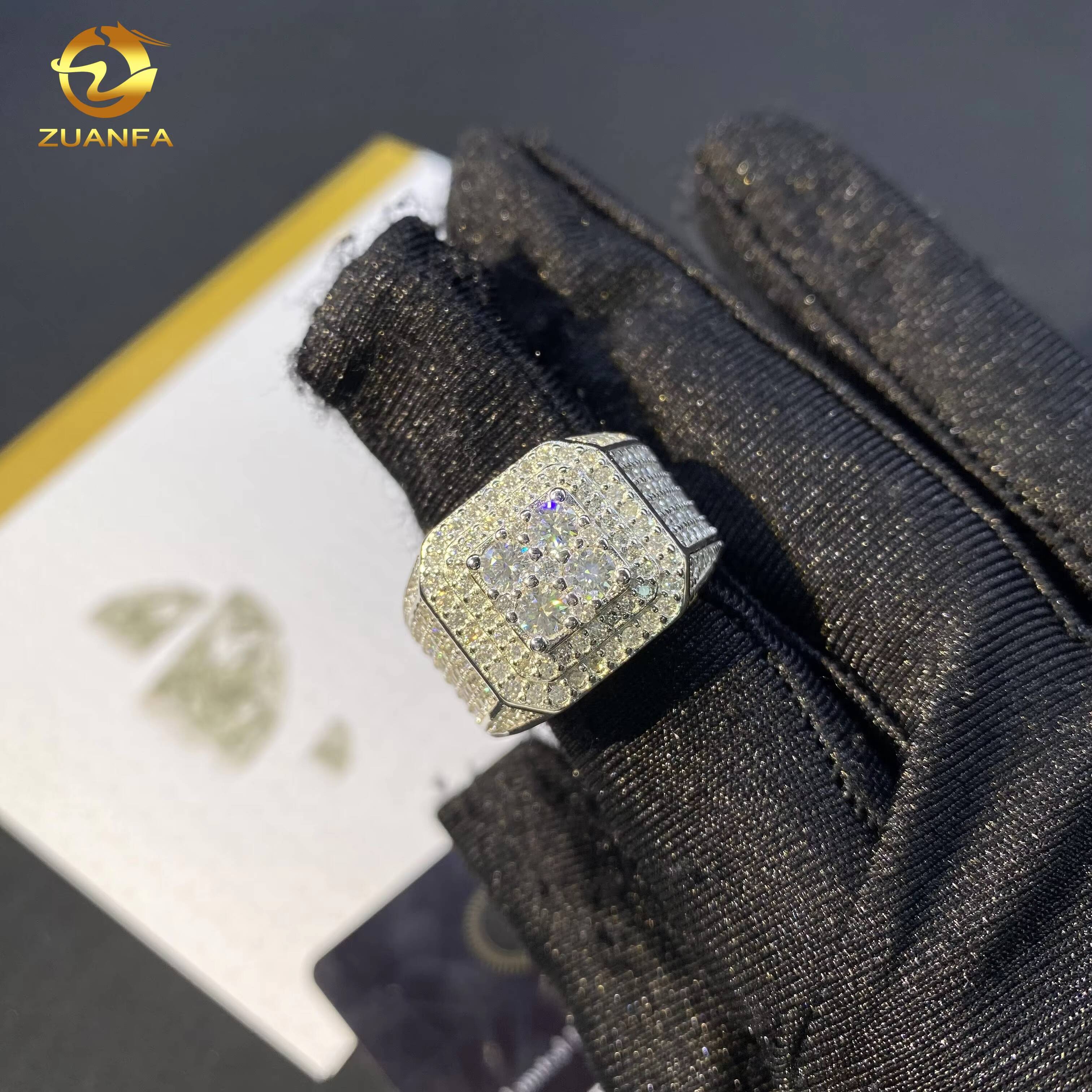 RTS Hot Sale Square Ring Custom Hip Hop Rapper JewelryVVS Moissanite Iced Out 925 Silver Rings Diamond Men Ring