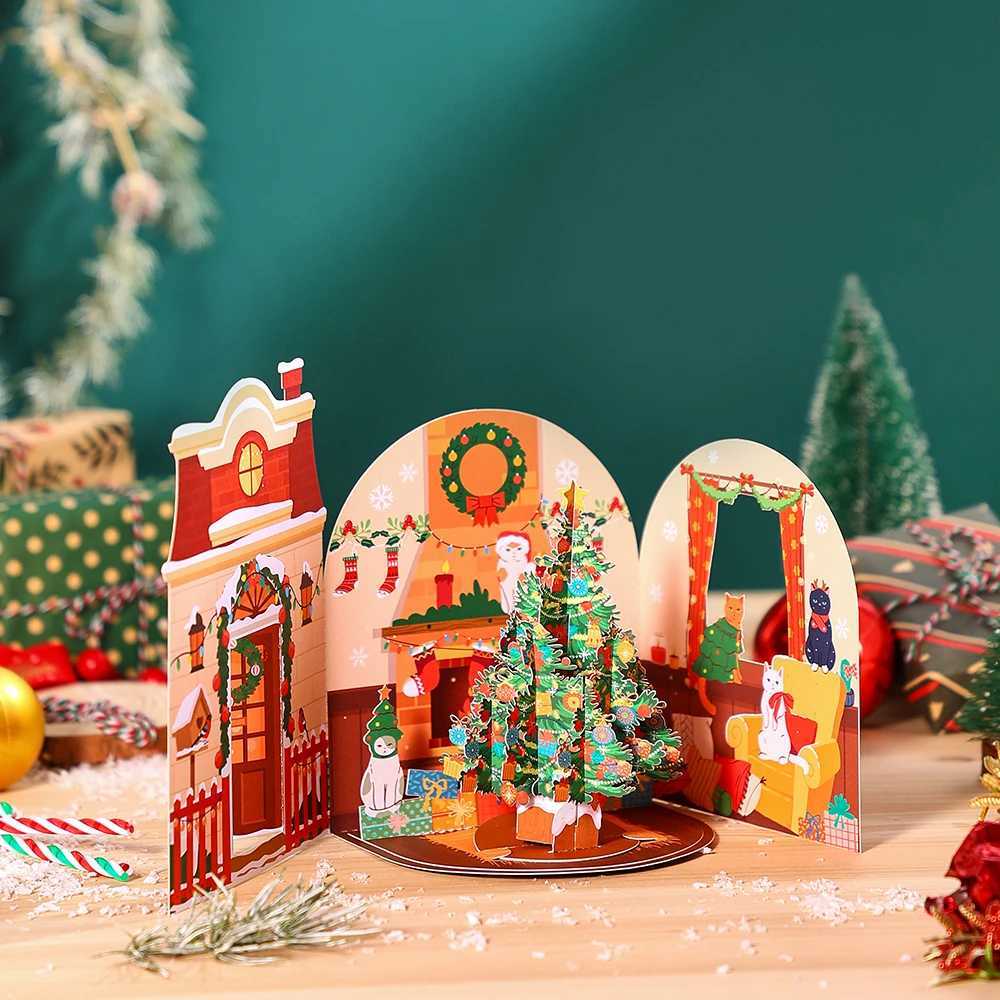 Cat Xmas Party Greeting Cards Christmas TreeThree-dimensional Up Card With Envelope 3D Postcard Holiday Supplies H251210
