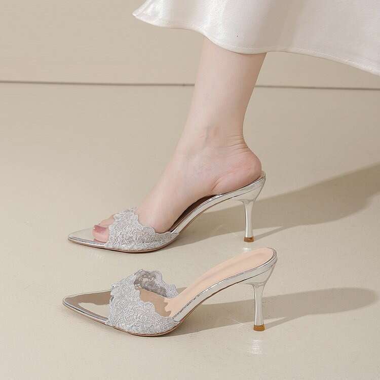 35-42 Plus Size Elegant White Peep Stiletto Lace Embroidered Pointed Heels Feminine Open Toe Slip-On Sandals