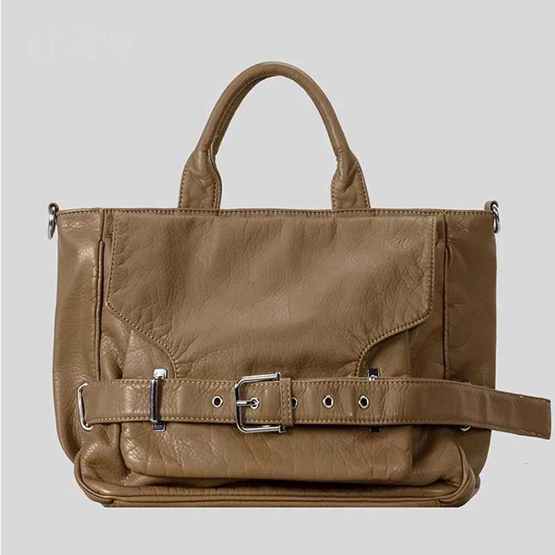 Korean Belt Buckle Crossbody Shoder BagSoft Leather Solid Color Tote BagLarge Capacity Motorcycle Biker Style Handbag Y251209