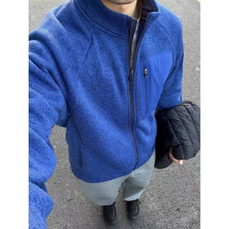 Men's knitted fleece zipper jacket for autumn and winter casual stand-up collar jacket