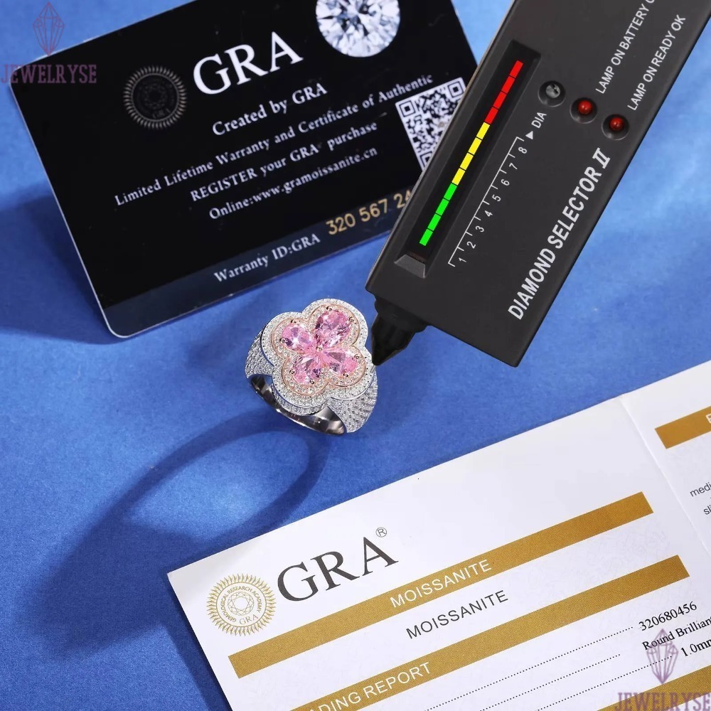 Luxury Wedding Jewelry Couple Lucky Clover Ring 925 Sterling Silver Pink Water Drop VVS Moissanite Diamond Iced Out Cross Ring