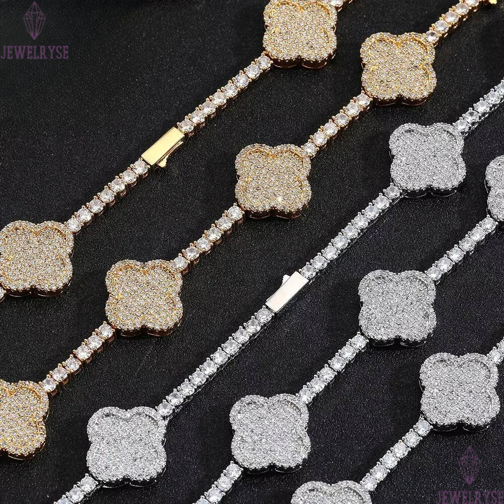 Hip Hop Fine Jewelry Four-Leaf Clover Tennis Chain Necklace Women 18K Gold Plated Moissanite Iced Out Bling Diamond Chain