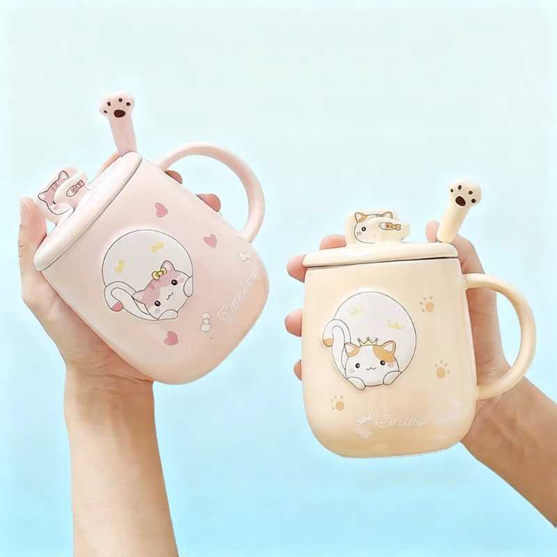 Cat-themed ceramic mug with lid and spoon cartoon style perfect for office or home use coffee cup mugs mug glass mug cup mugs C251210