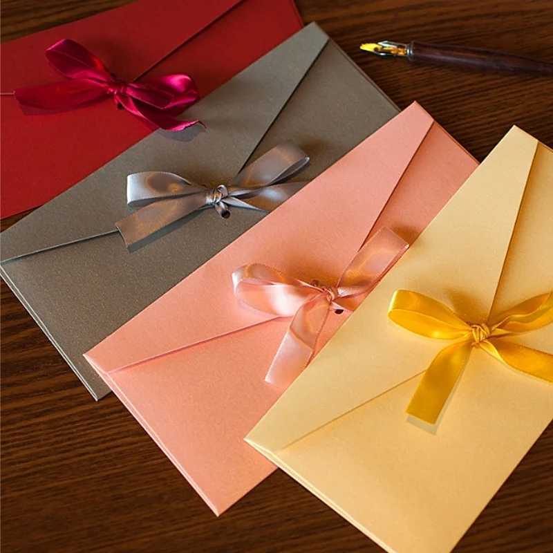 10Pcs/Set Retro Pearlescent Paper Envelope Bow Thick Ribbon Creative Color Greeting Card Bags for Wedding Invited Gift Postcards H251210