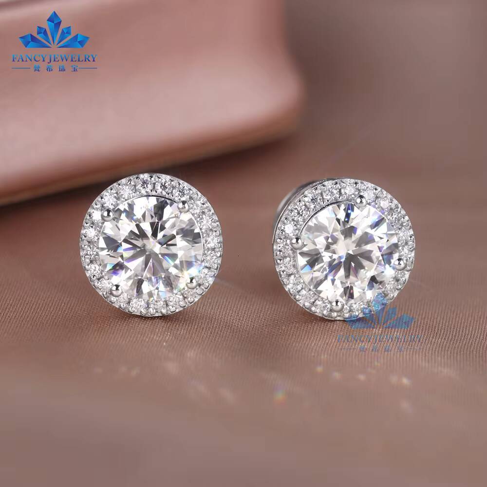 Classic Design 5mm 65mm 8mm Moissanite Diamond Def Vvs Round Moissanite Push Back Halo Stud Earrings for Women