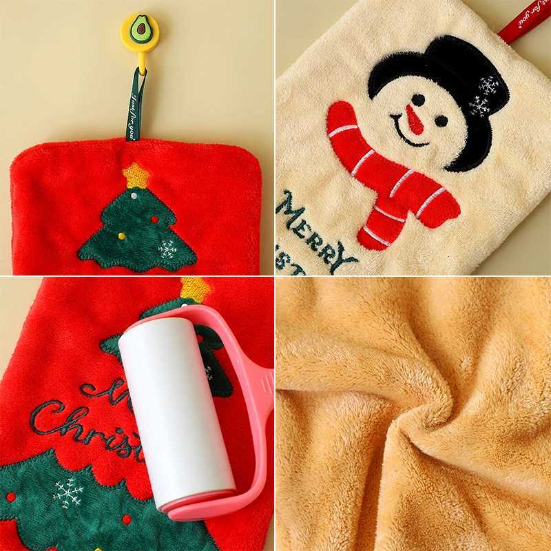 Coral velvet Christmas Hand towel for Kitchen Bathroom Handkerchief Cute Cleaning Towels with Hanging Rope Xmas Decor C251210