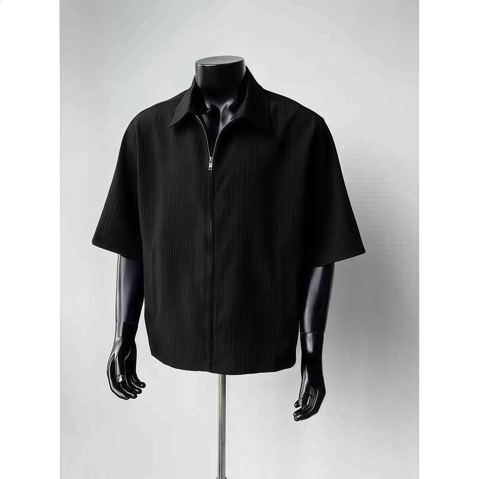 2024 Summer Leather Short Sleeve Y2K VIntage Harajuku Fashion T-shirt Mens Street Hip Hop Casual Collar Zipper T-shirt Top 241126