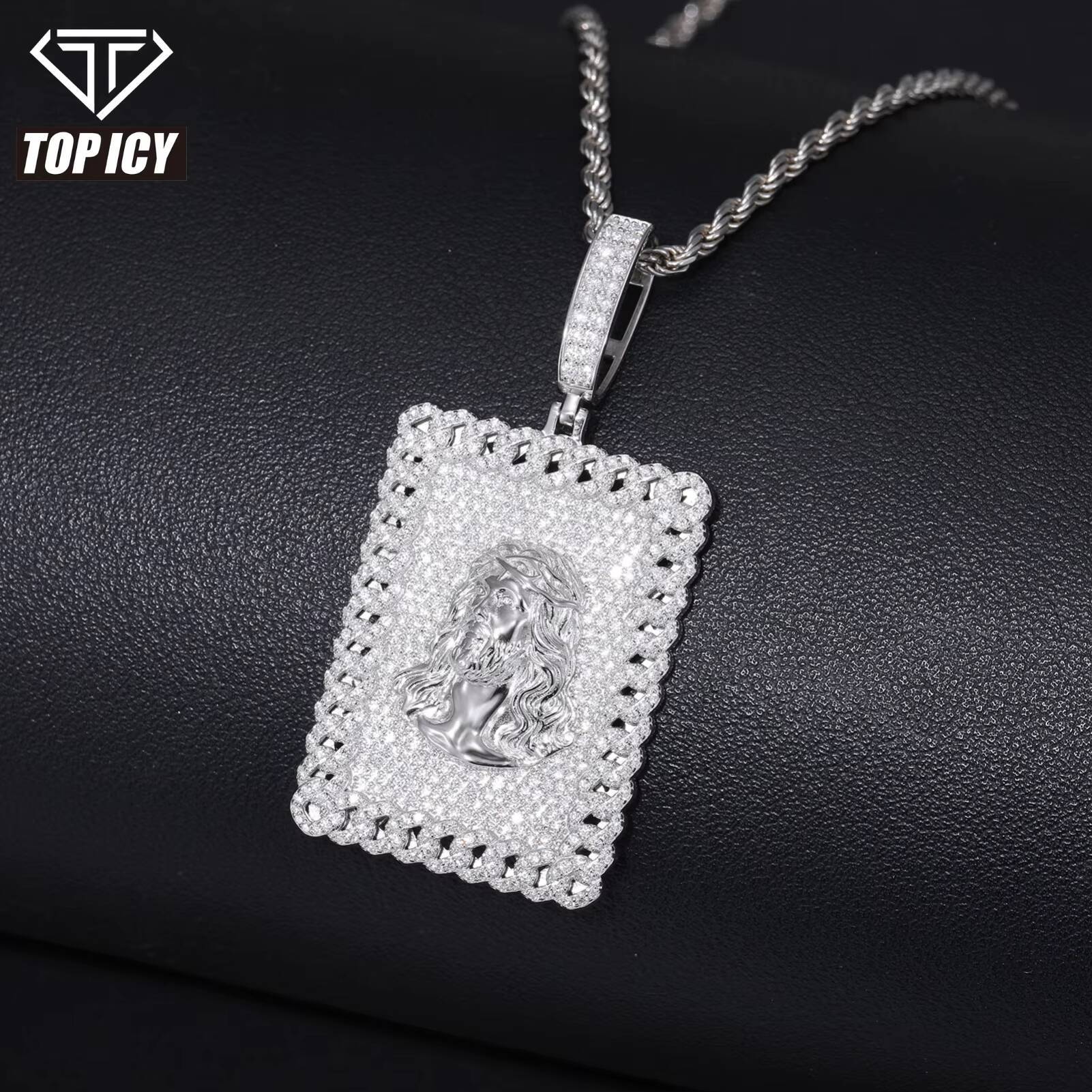 925 Silver Rectangle Micro Pave Gemstones VVS D Moissanite Rhodium Plated Jesus Pendant Hip Hop Style Charm Pendants
