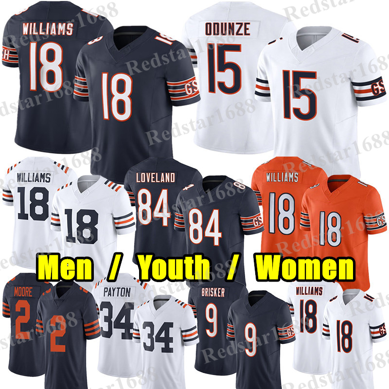 #18 Caleb Williams Football Jersey #15 Rome Odunze Colston Loveland DJ Moore Montez Sweat Cole Kmet Darnell Wright Brian Urlacher Walter Payton Jaquan Brisker jerseys