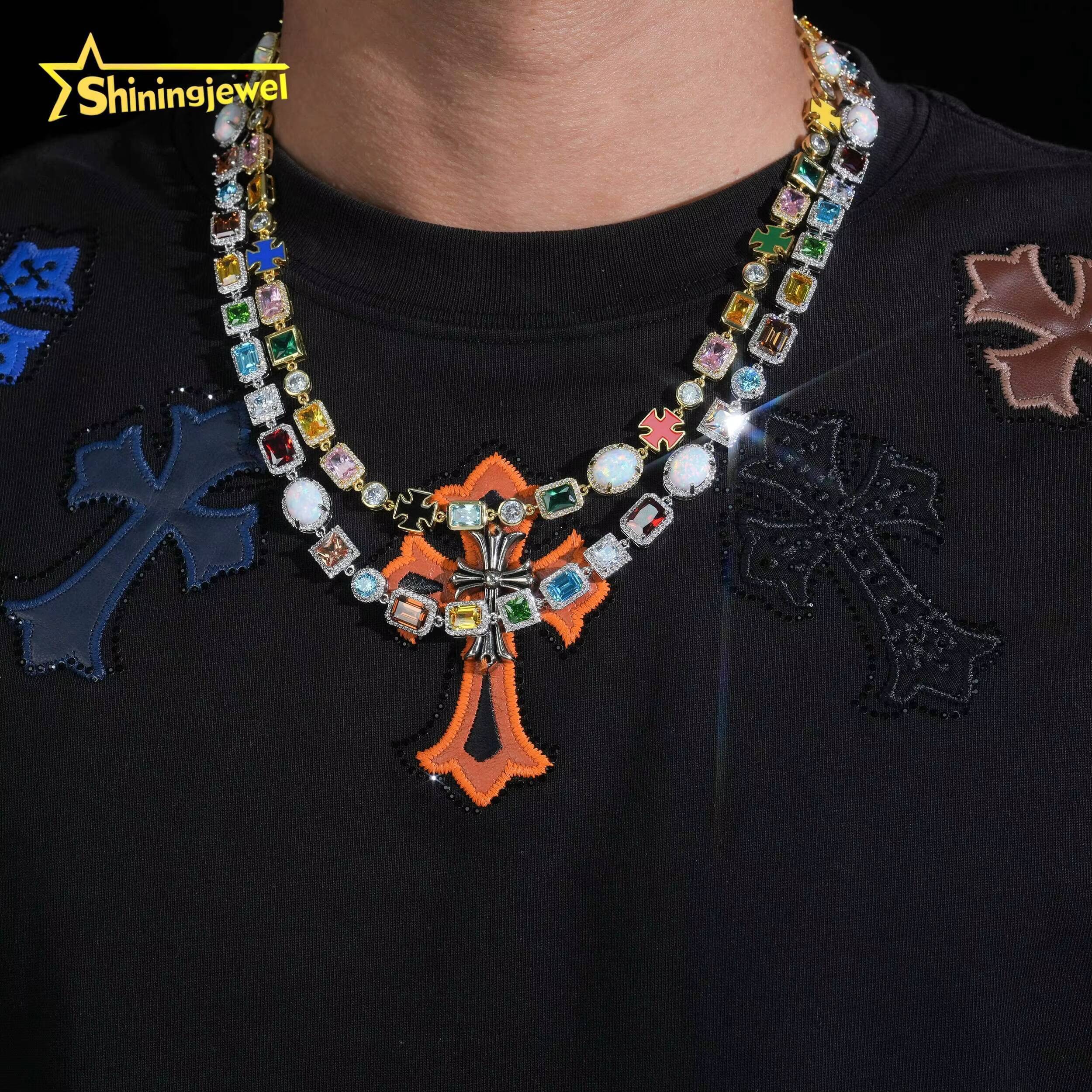 107mm Brass Necklace Iced Out 5A Cubic Zirconia Pink Blue Green Stone Hip Hop Fancy Mix Shape Diamond Jewelry Opal Necklace