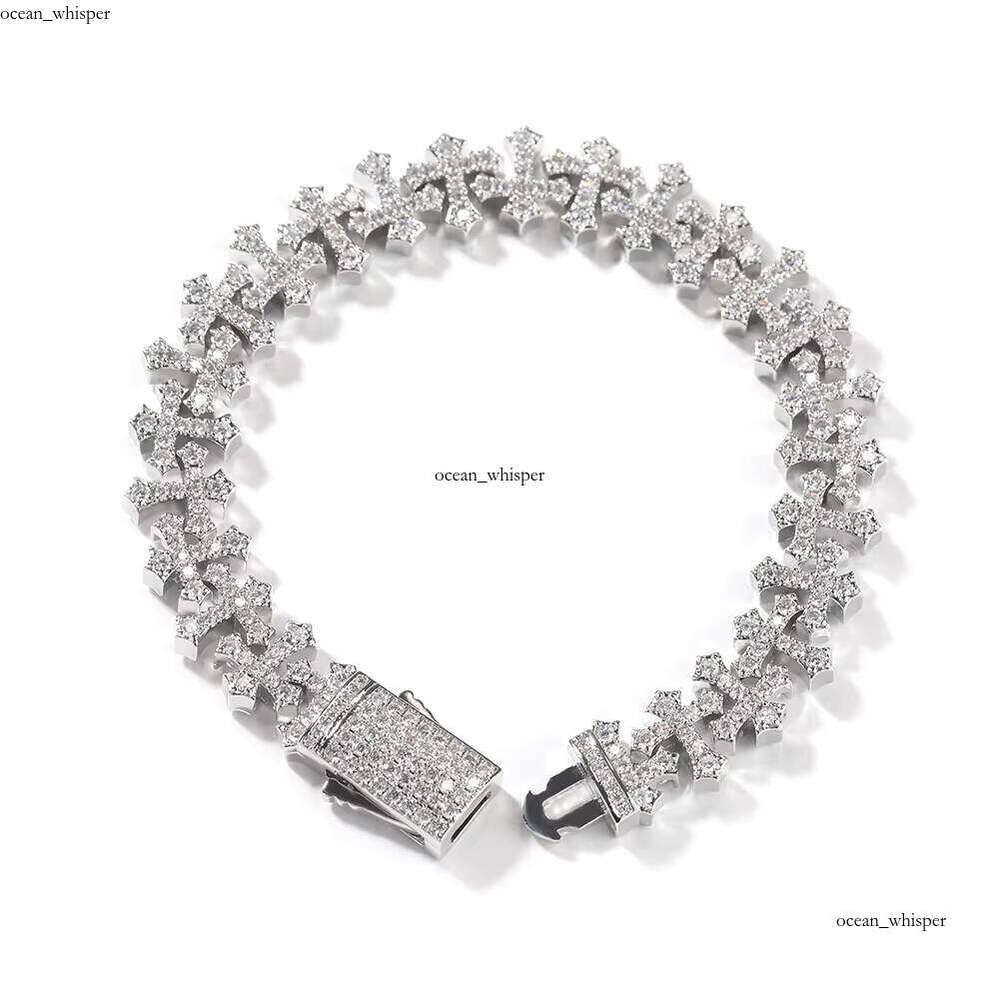 VVS Moissanite Hip-Hop 11.5mm Bracelet Iced Out Full Straight Pull Micro Pave Cross Chain for Men and Women Daily Wear