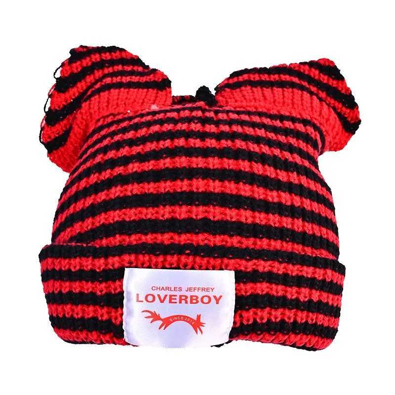 Luxury Cat Ears Wool Hat Womens Autumn and Winter Stripes Thickened Warm Knitted Ear Protector Hat Pig Ears Cartoon Cute Pullover Hat Y251209