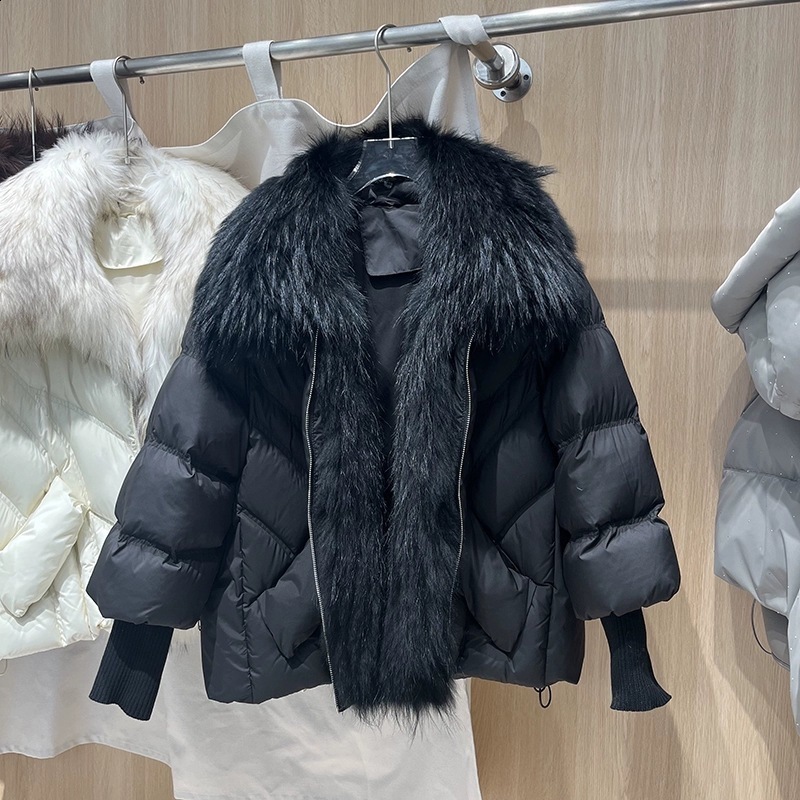 OFTBUY 2025 Winter Large Real Raccoon Fur Puffer Coat Women Oversized Feather Down Parka Knit Sleeve White Duck Down Jacket250918