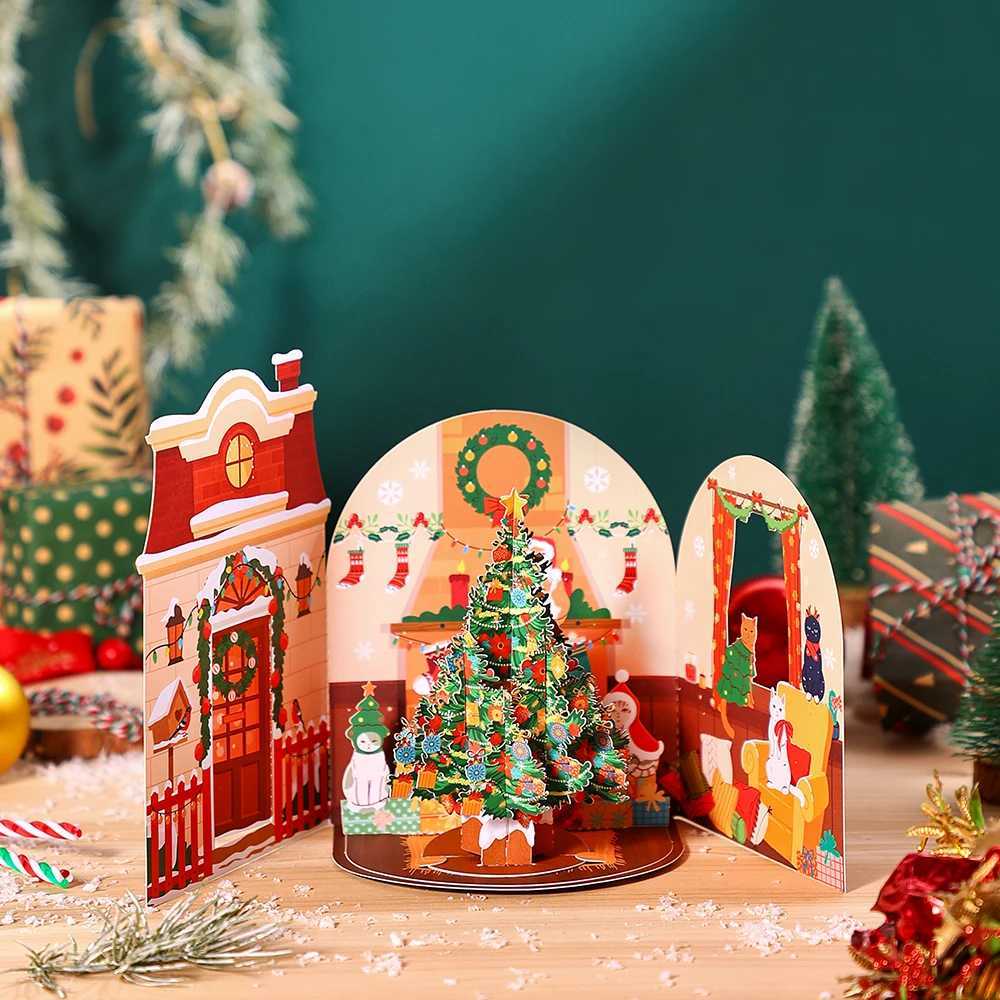 Cat Xmas Party Greeting Cards Christmas TreeThree-dimensional Up Card With Envelope 3D Postcard Holiday Supplies H251210