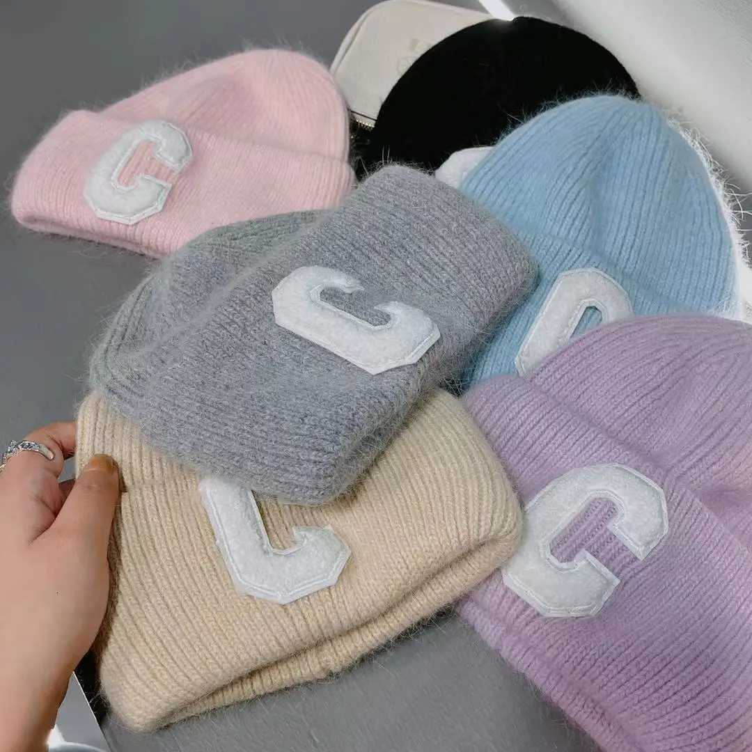 Luxury Unisex Letter C Rabbit Fur Knitted Beanie Hat Winter Wool Skullies Skiing Caps Luxury Hat Lady Outdoor Warm Walking Bonnet Y251209