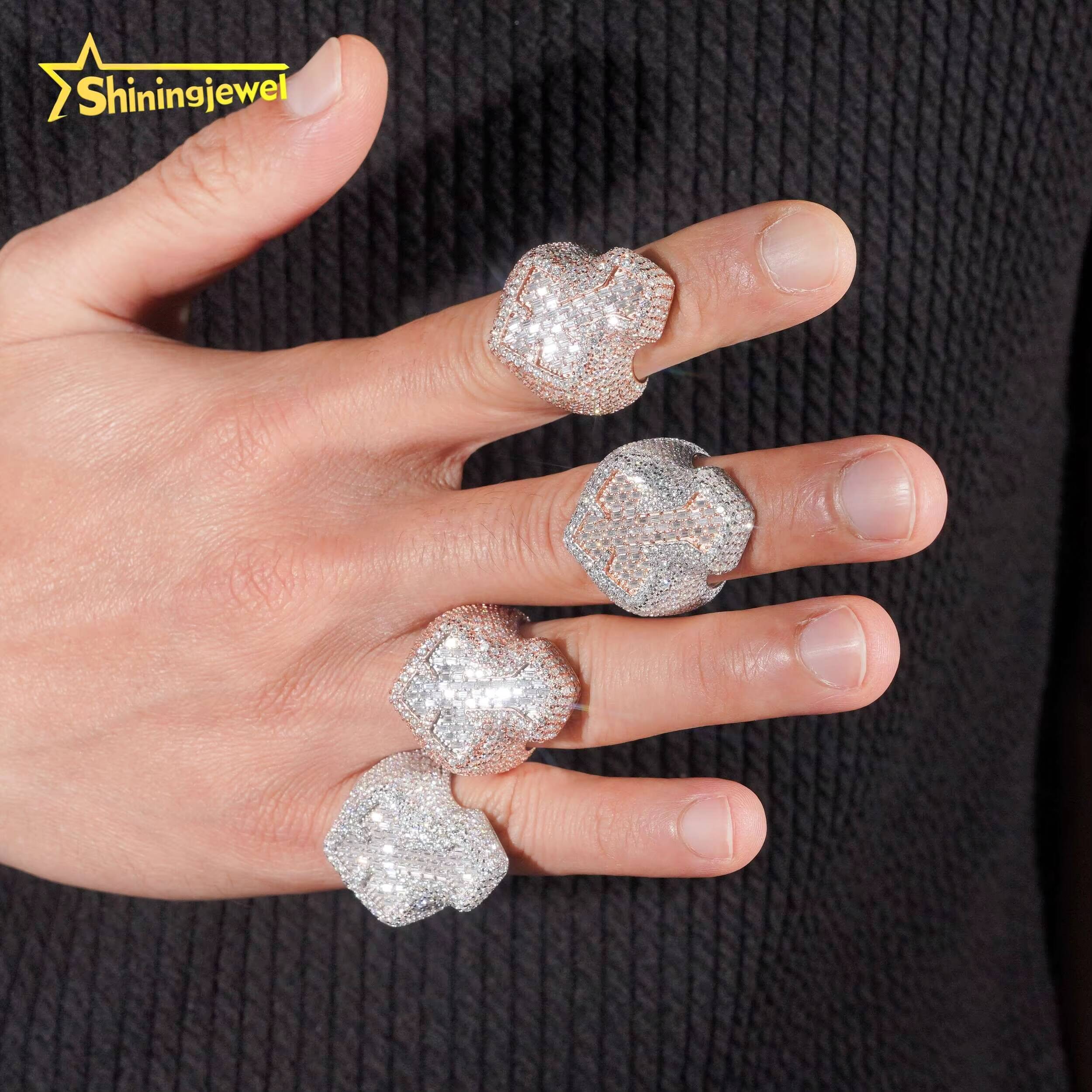 IG Hot Selling 2 Tone Plated Baguette Moissanite Ring Hip Hop Cross Ring Stocks 925 Silver Fully Iced Championship Ring VVS GRA