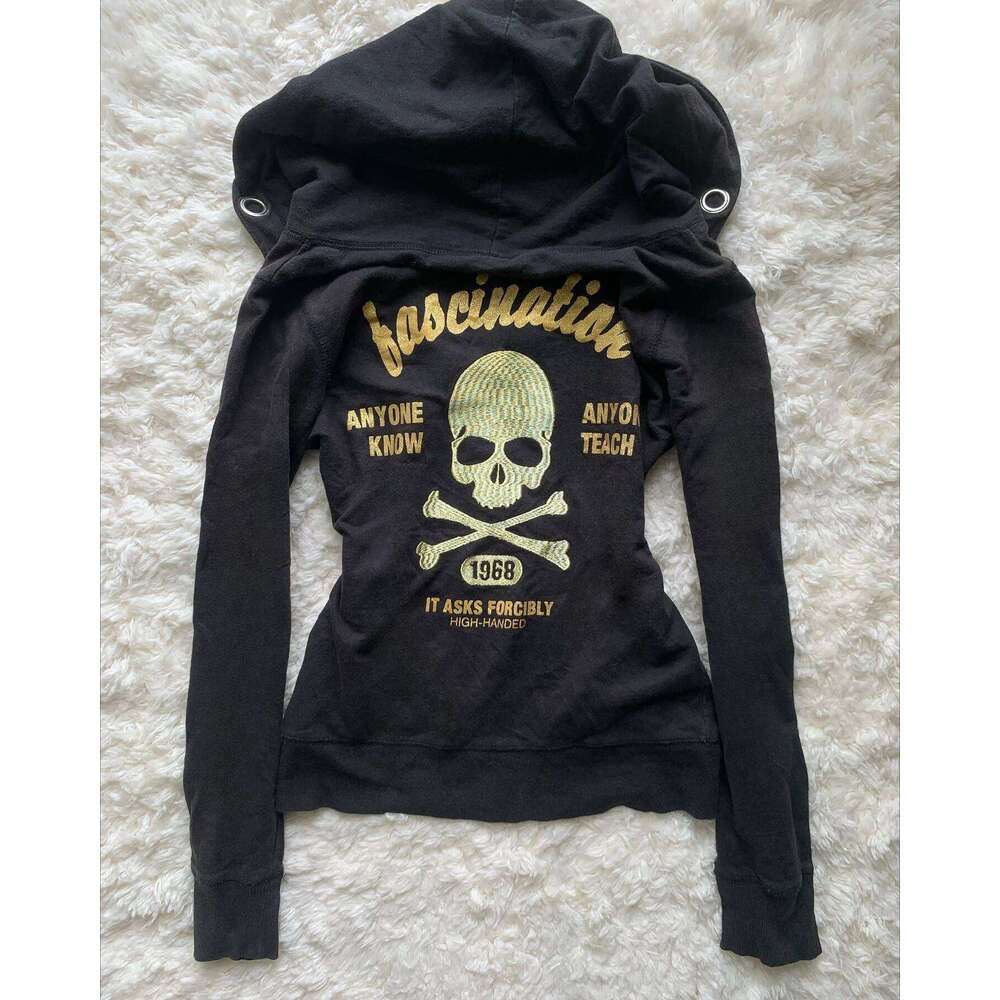 Y2k Retro Zipper Hoodies Women Harajuku Sexy Slim Fit Sweatshirt Autumn Skull Graphic Embroidery Hooded Jacket Gothic Clothing