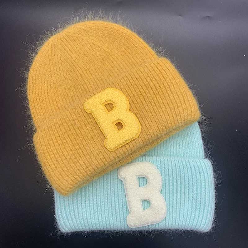Luxury Real Rabbit Fur Womens Knitted Hat Trendy Letter B Winter Hats Warm Beanie Bonnet Outdoor Lady Wool Skullies Beanies Caps Y251209