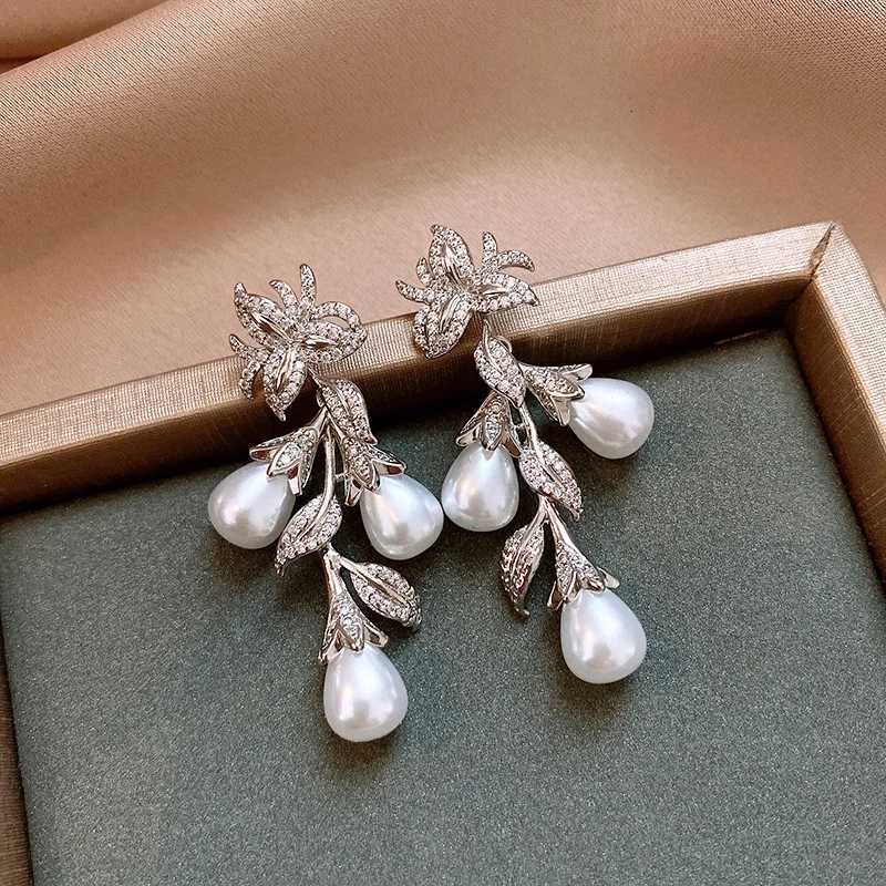 DREJEW wers and Leaves Zircon Pearl Tassel Earrings for Wen Fashion Long Drop Earring Light Luxury High-end Wedding Jewelry Y251210