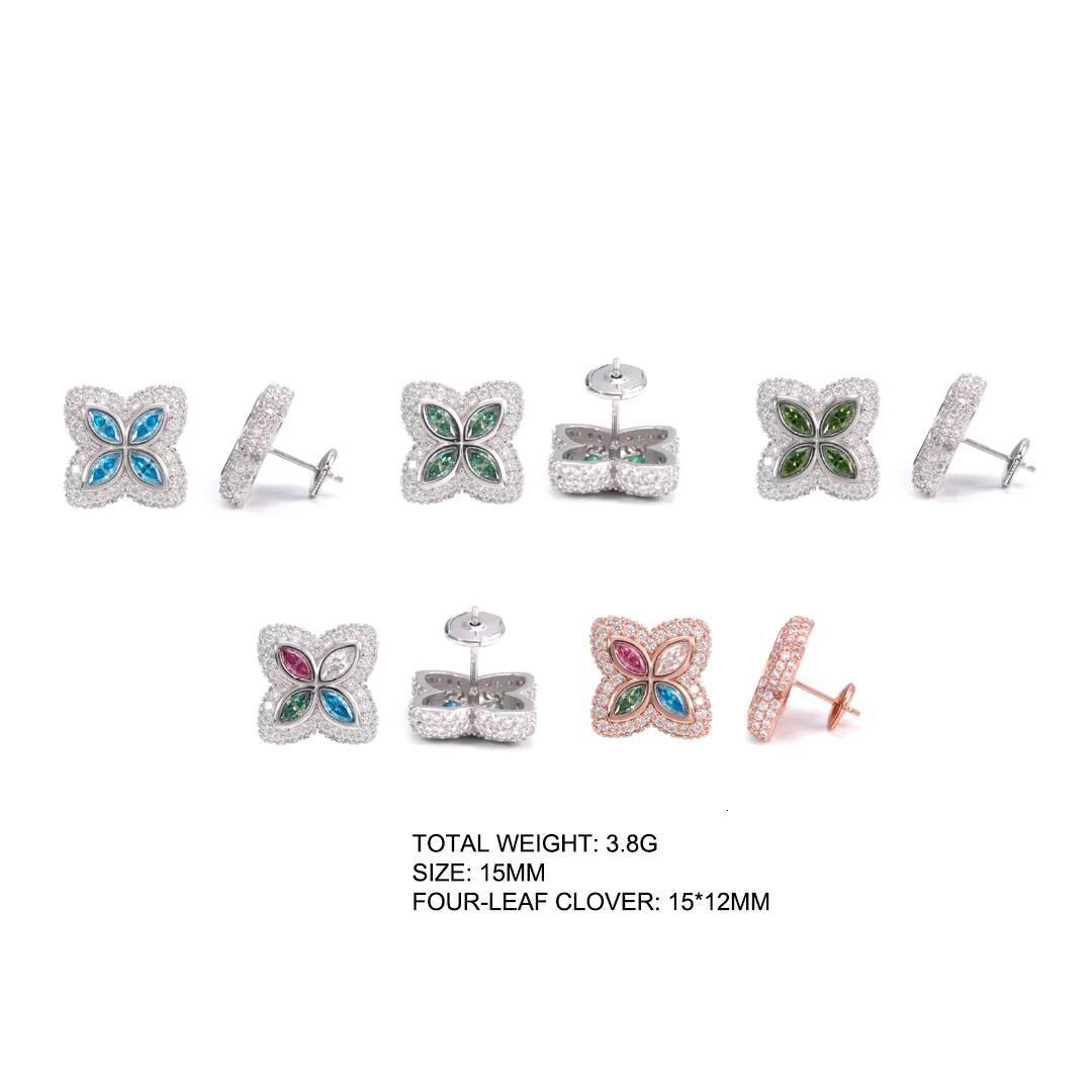 Factory Wholesale 15mm 19mm Color Moissanite Stud Earrings Flower 925 Sterling Silver Fine Jewelry Accessories Hip Hop Jewelry