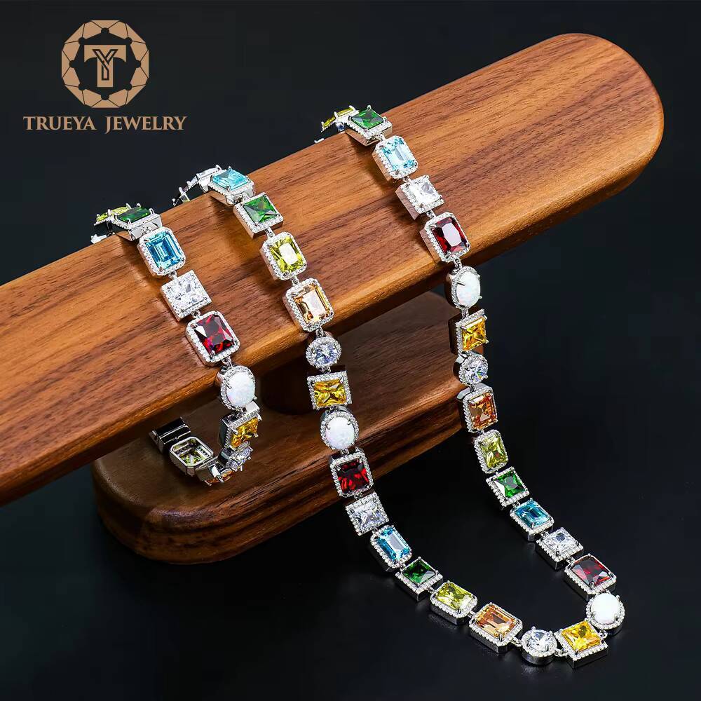 Gorgeous Retro Jewelry Baroque Color Large Particle Zircon Gemstone Stitching 925 Sterling Silver Chain Necklace and Bracelet