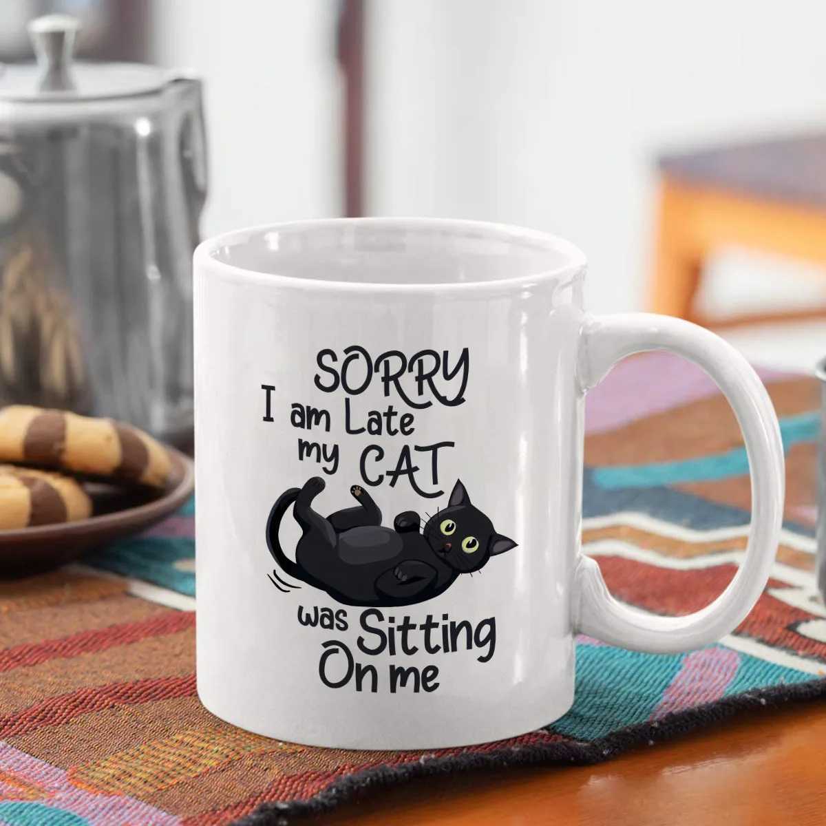 1 Funny Cat Shaped Ceramic Mug with Sorry Im Late My Cat Sits on Me Design - Hand Wash Only Reusable Coffee and Tea Mug C251210