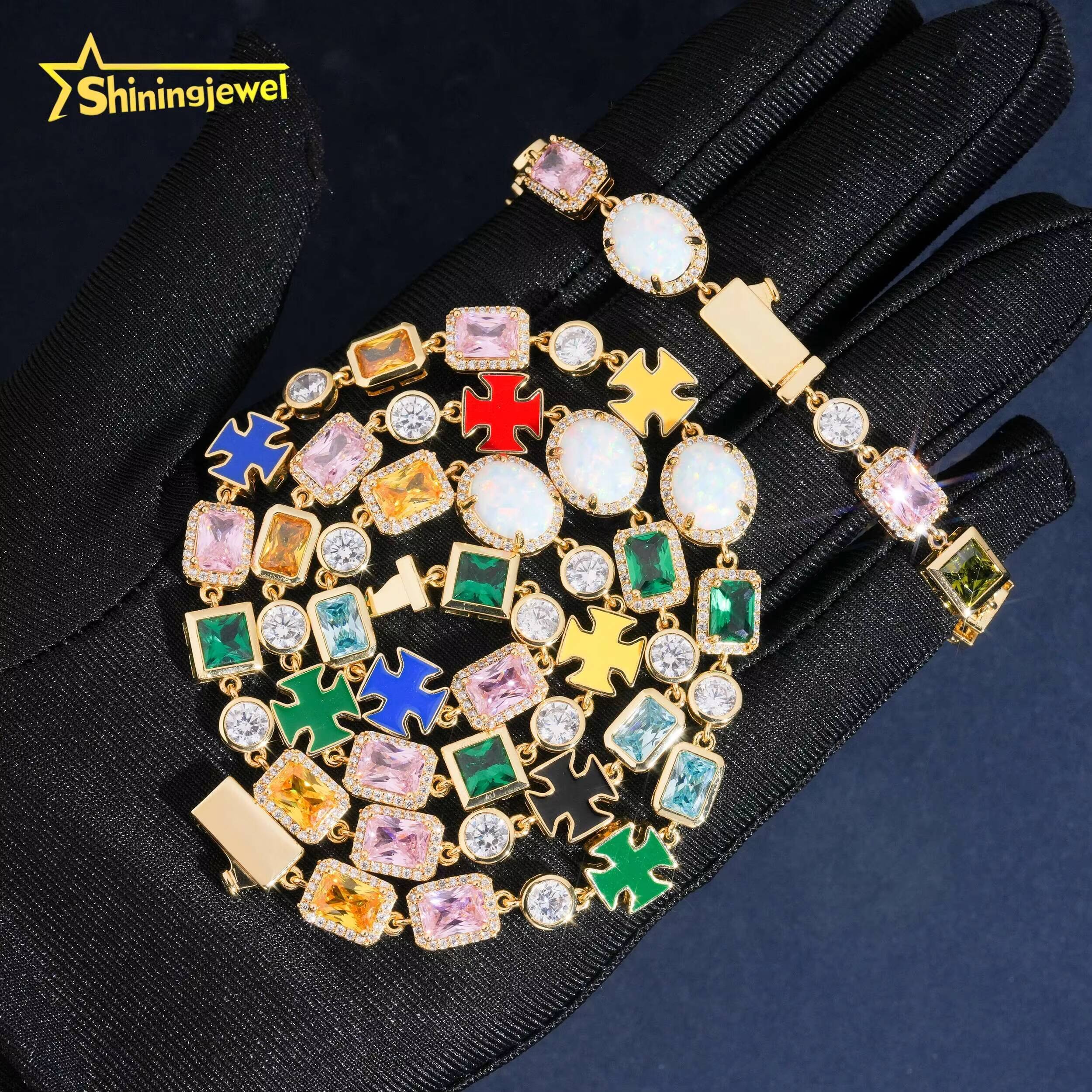 107mm Brass Necklace Iced Out 5A Cubic Zirconia Pink Blue Green Stone Hip Hop Fancy Mix Shape Diamond Jewelry Opal Necklace
